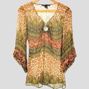 90s Sheer Silk Top O-Ring Golden Thread Whimsigoth Fairy Grunge Bell Sleeve Sz.S